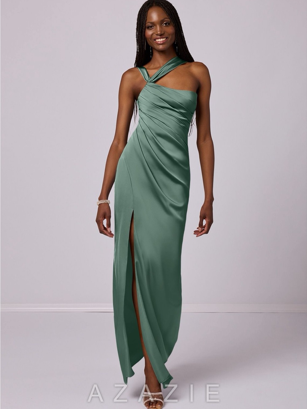 Azazie One-Shoulder Twisted Strap Eucalyptus Green Gown